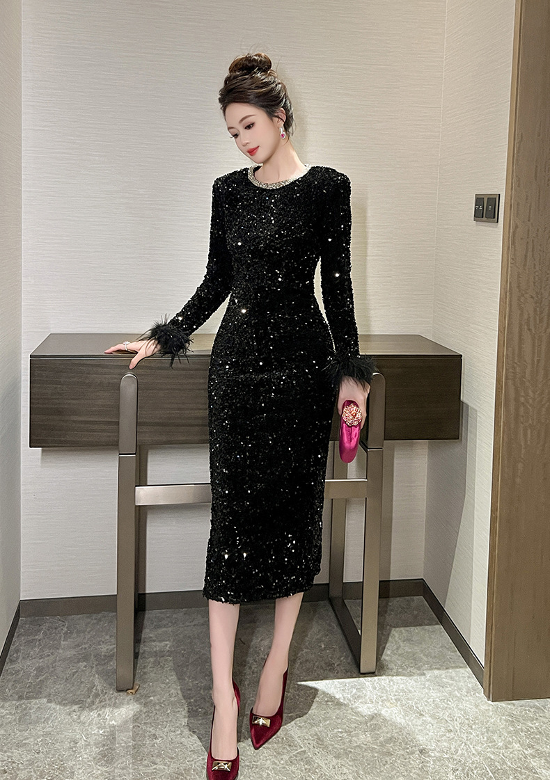 Đầm ôm body nữ phong cách Pháp đính kim cương giả cổ tròn — nâu chi tiết 15