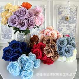 9头把束玫瑰 多头仿真玫瑰花 婚庆桌花装饰绢花外贸出口厂家批发