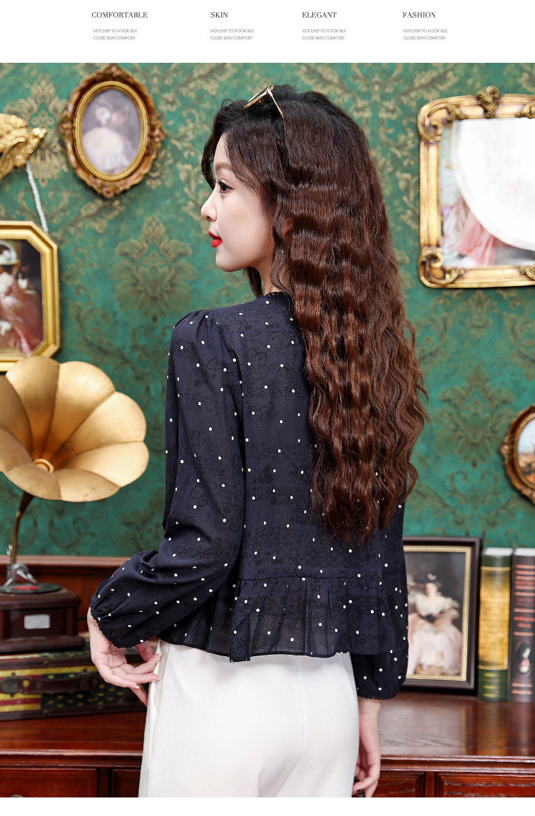 Áo sơ mi nữ tay dài cổ nơ bướm họa tiết chấm bi phong cách vintage — Xanh lông mòng đen chi tiết 18