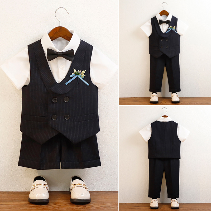 Children's Suits, Spring and Summer Fashionable Stripesd Vests, Short-Sleeved Suits, Boys' Host Performance Clothes, Kidsren's Flower Girl Dresses