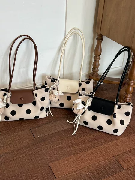Korean Style Niche Patchwork Polka Dot Canvas Bag for Women 2026 Summer New Style Daily Use Large Capacity Commuter Tote Bag