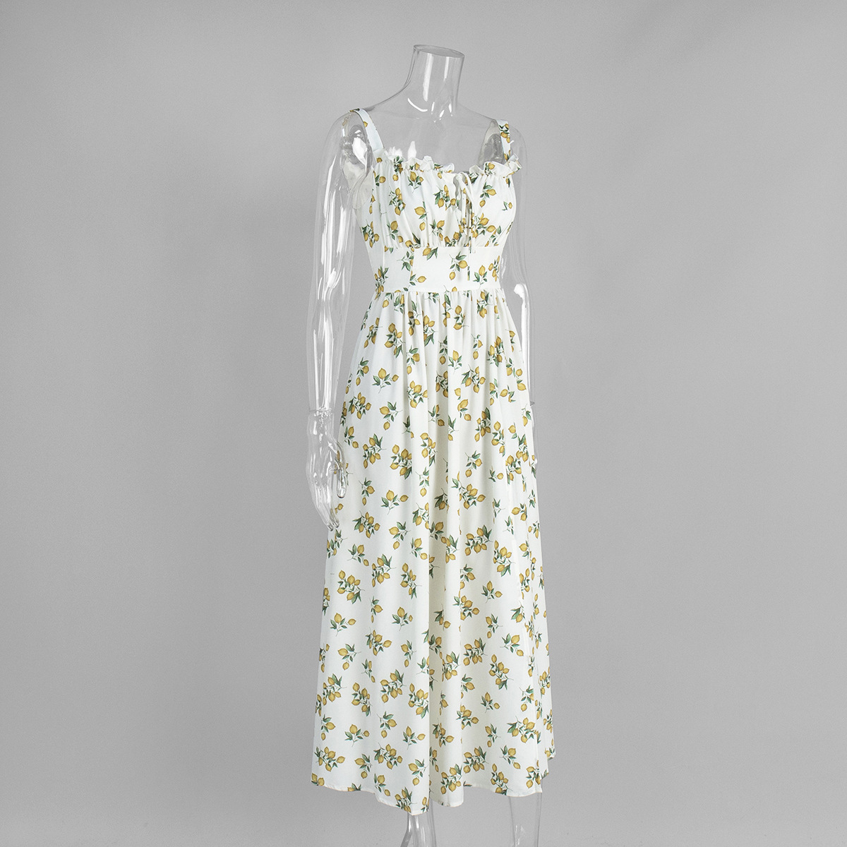 Cross-Border Floral Strap European And American 2025 Summer New Low Neck Tie Slit High Waist Printed Dress_ecoleips.com