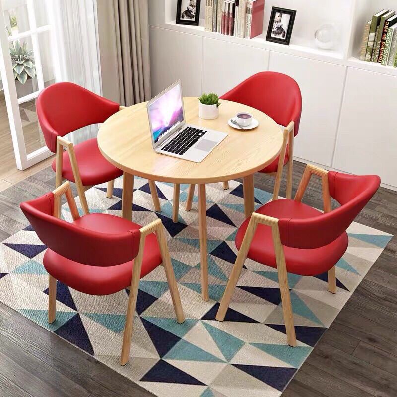 라이트 우드 컬러 데스크탑 + 라이트 레드 가죽 일체형 A 하위 의자