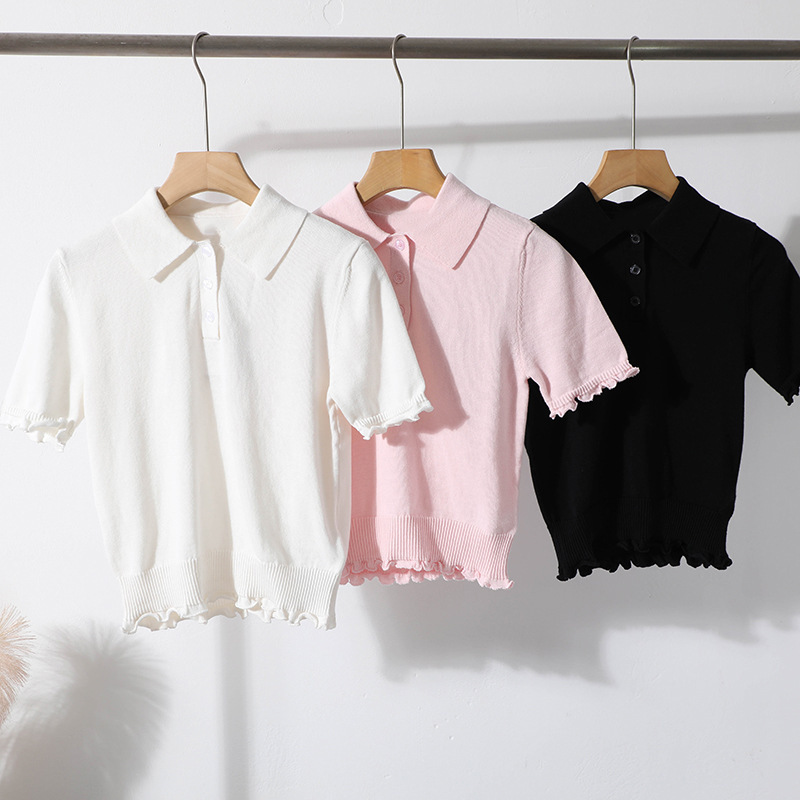 American Women's Polo Collar Ruffled Short-Sleeve Knit Top Summer Slim-Fit Shirt 2639 American Women's Polo Collar Ruffled Short-Sleeve Knit Top Summer Slim-Fit Shirt 2639