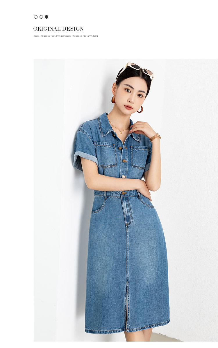 Đầm maxi nữ thắt eo chất liệu denim phối tơ acetate mềm mại, không bí bách — xanh lam chi tiết 12