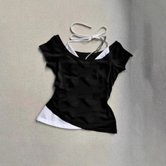 Y 2k夏の甘い偽の2つのアメリカの甘辛い半袖tシャツの女性の修身の上着の潮の越境の卸売り