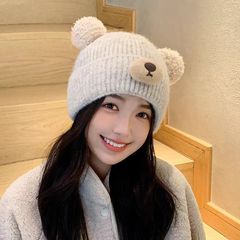 可爱小熊毛线帽子女秋冬季加绒厚针织帽大头围防寒保暖护耳卡通帽