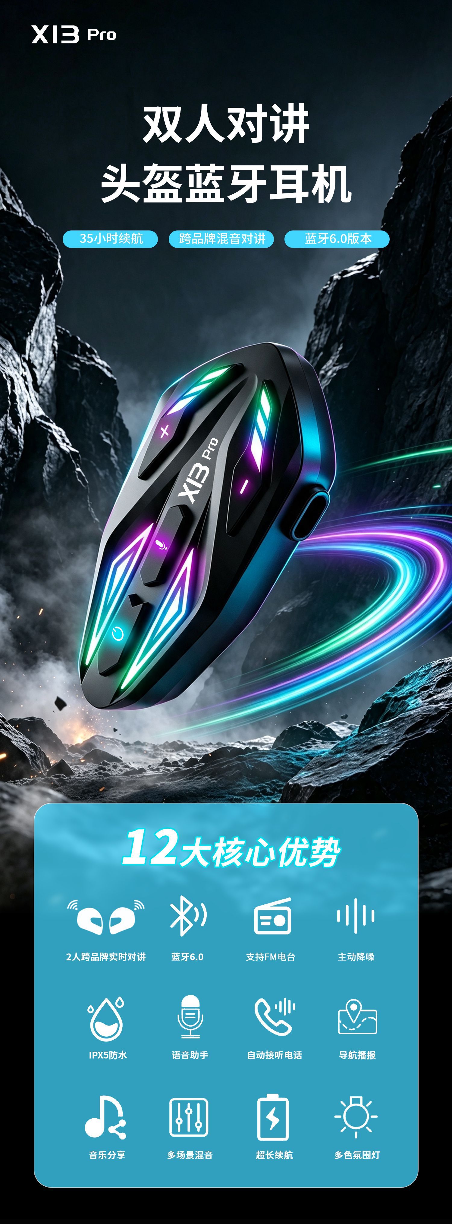Cross-Border Wireless X13 Motorcycle Helmet Bluetooth Headset Cross-Brand Riding Intercom with Heavy Bass, Waterproof, and Noise Reduction