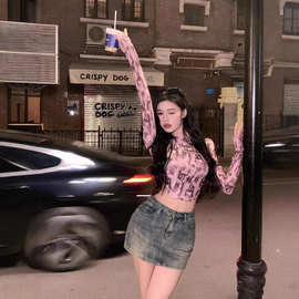 跨境批发港味复古chic上衣辣妹粉色长袖t恤性感纯欲打底衫女