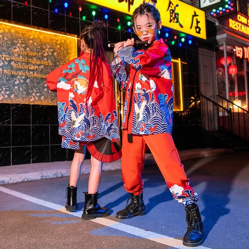 Children boy girls chinese dragon pattern jazz street hip-hop dance costumes rapper singer gogo dancers model show stage performance outfits for kids