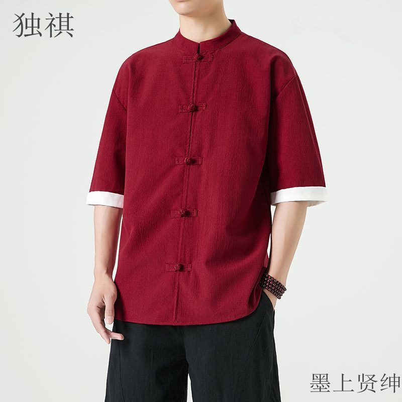 Chinese Style Tang Suit Button Linen Shirt Chinese Cropped Sleeve Cotton and Linen Shirt Retro Clothing Short Sleeve Men's Top
