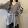 春秋v领不规则中长款t恤