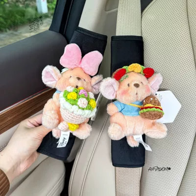 Sürətlər qutusu və əl tormozu başlıqları: Interior Decoration Anti-Neck Strain Car - black-velvet-shoulder-pads-hamburger-hat-with-hamburger-on-the-back-pink-bow-holding-light-pink-flowers-authentic-little-bean-flowers-two