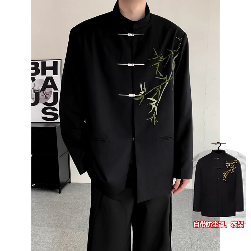 新中式国风金竹刺绣飞机扣中山装高级感西装外套男订婚礼西服套装|undefined