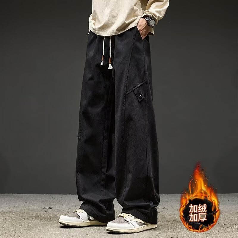Men's Cargo Pants Winter New Multi-Pocket Straight Casual Pants Men's Large Size Loose Fleece Casual Pants Men's Clothing