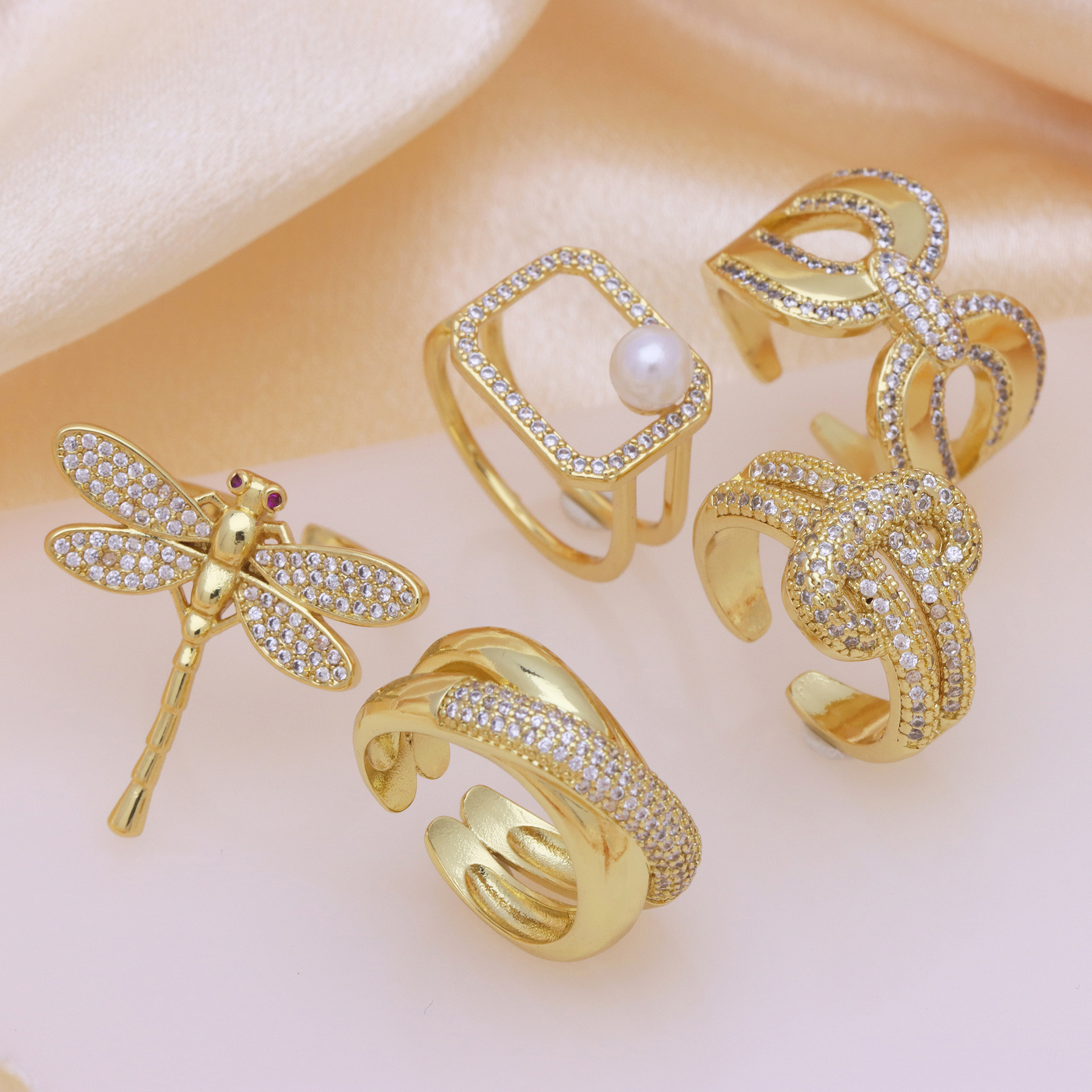 7g Weight 18K Gold Plated Plating Material Pearl, Zircon Inlay Material Open Rings Classification Adjustable Ring Size 1 Piece Quantity Holiday, Daily Occasion Copper Material Geometric, Dragonfly Pattern Women's Gender Inlay Design Simple Style, IG Style Style Copper 18K Gold Plated Inlay Geometric Dragonfly Pearl Zircon Open Rings 无
