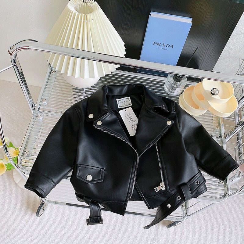 Boys and Girls Short Waisted Western Style Motorcycle Washed Leather Jacket 2024 Winter Thickened fleece-lined Baby Leather Jacket