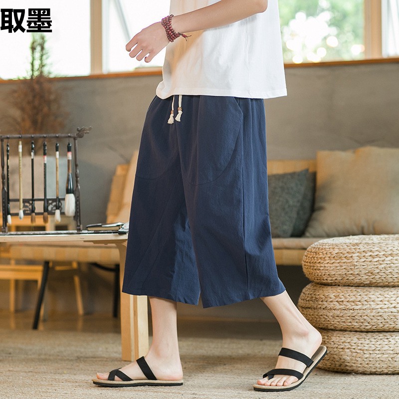 Linen Capri Pants Men's Chinese-style Loose Thin Wide-leg Capri Pants Youth Summer plus size Cotton and Linen Casual Shorts