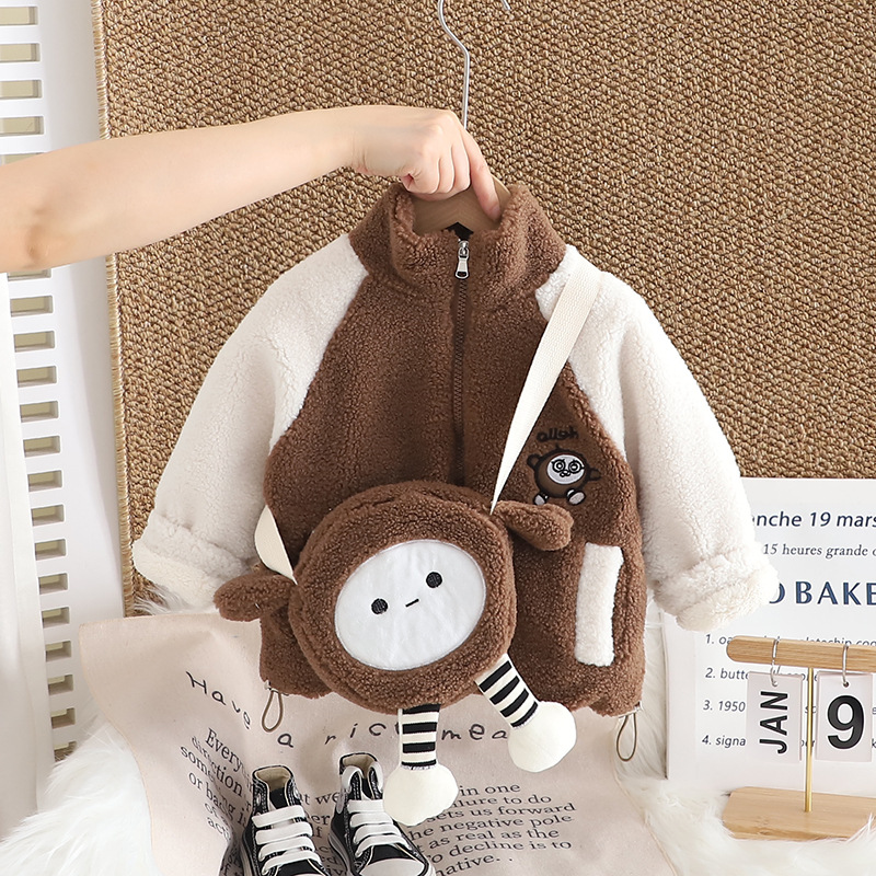 Bebé de moda de terciopelo grueso abrigo de invierno 2024 nuevo otoño y invierno niñas niños cartoon mochila suéter