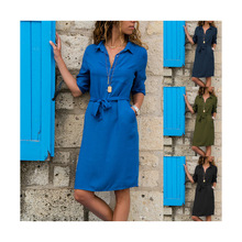 速卖通热卖Ebay亚马逊wish爆款秋冬女装翻领纯色七分袖衬衫连衣裙