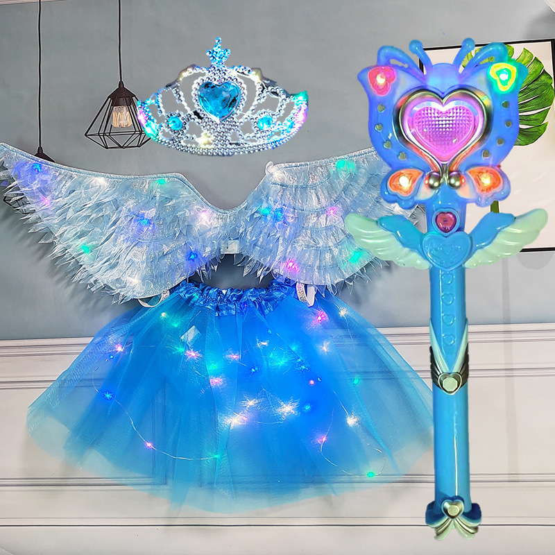 Falda de lámpara de ala de tela azul, corona de lámpara rosa, varilla de proyección de mariposa