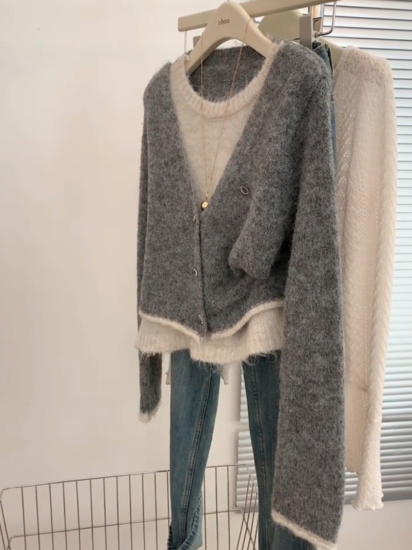 韩系慵懒风灰色假两件针织开衫毛衣女秋冬小众高级感超好看上衣潮|undefined