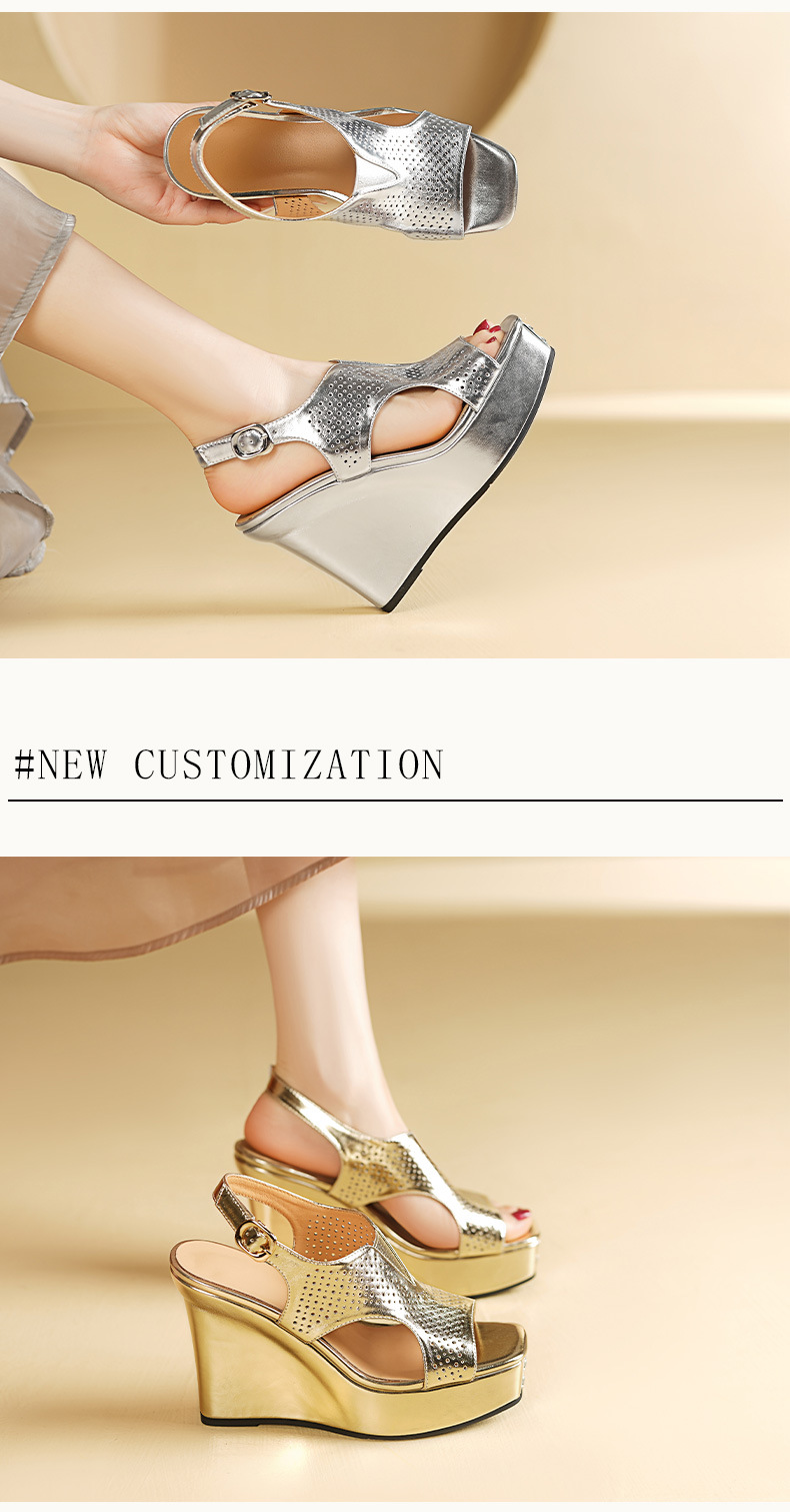 Sandal đế xuồng nữ mũi vuông phong cách La Mã, gót 11 cm, họa tiết đục lỗ — Màu vàng chi tiết 3