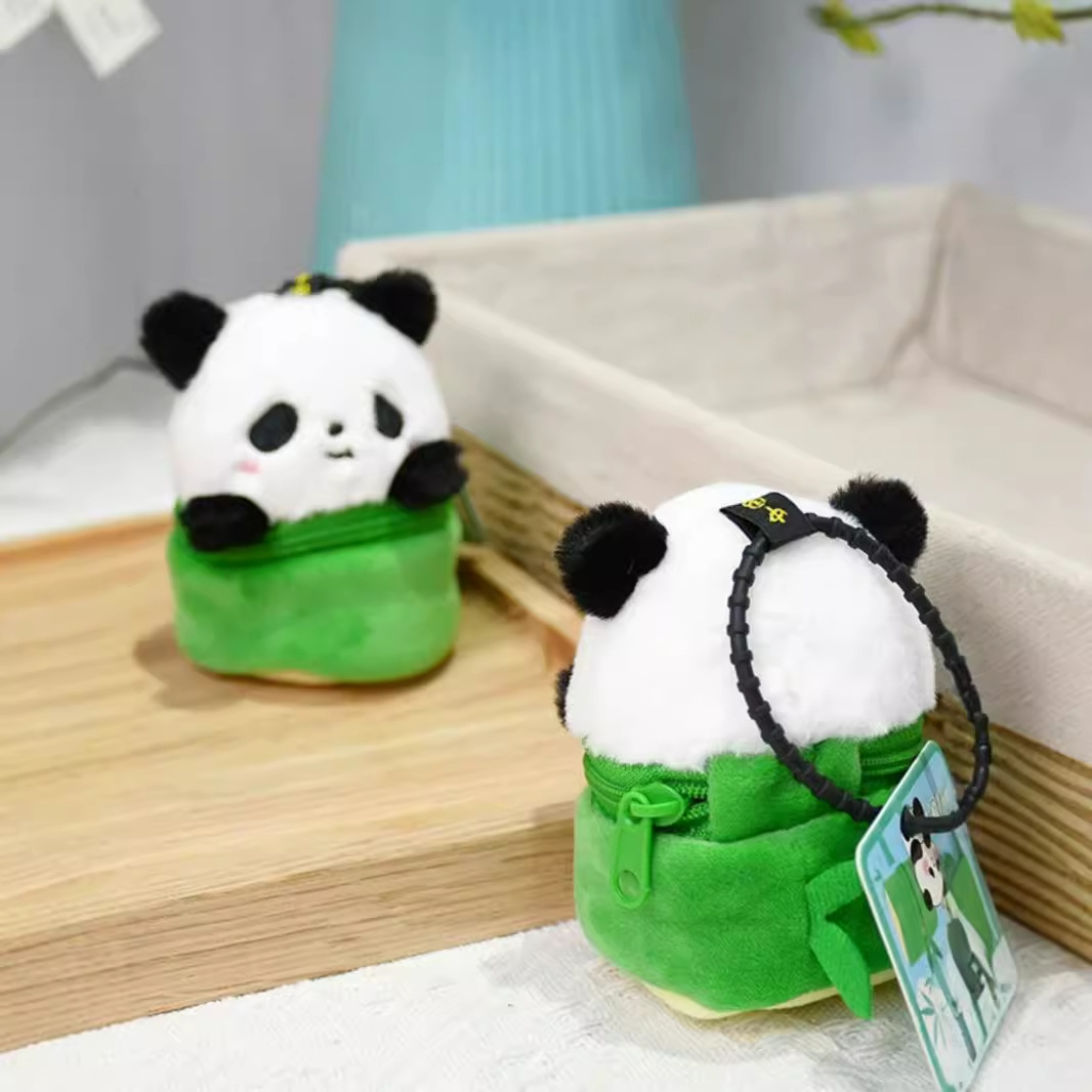 Monedero de felpa de panda de tubo de bambú lindo tesoro nacional flor flor caja ciega bolsa para auriculares mini llavero mochila escolar colgante mujer