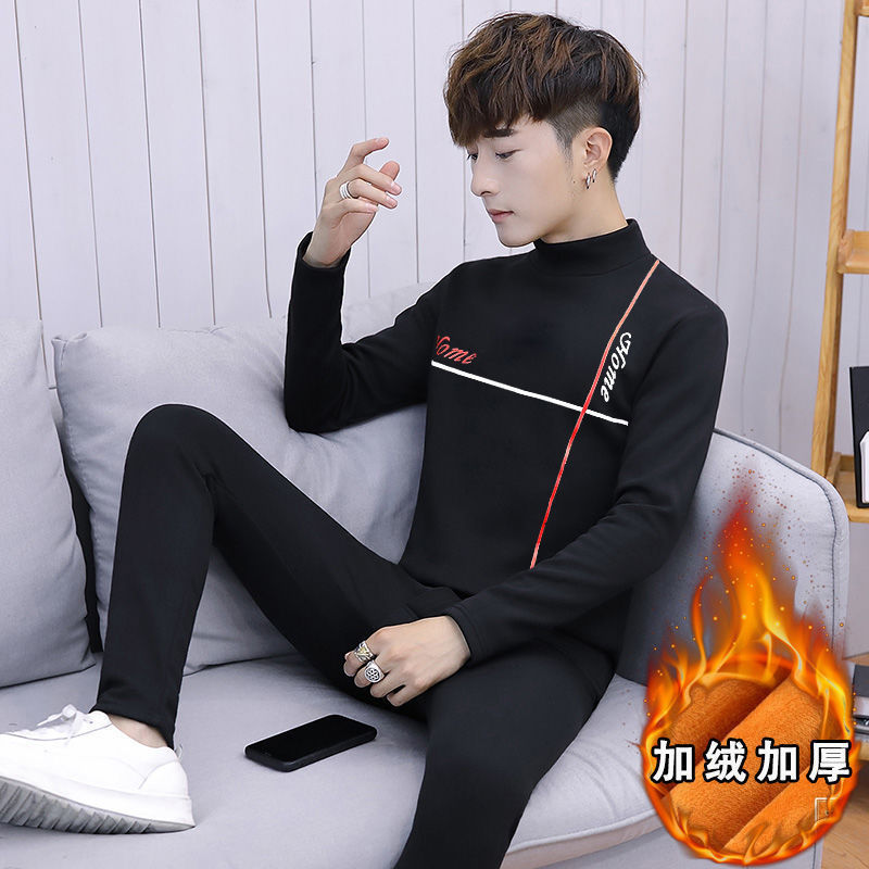 Thermal Underwear Men's Gold Velvet suit Winter Middle Collar Bottoming Shirt for Teenagers and Students fleece-lined Thickened Autumn Clothes and Pants