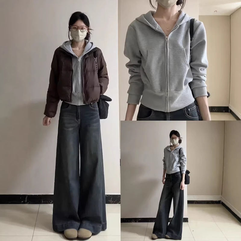 Gray Sweatshirt Jacket with Regular Shoulders, Long Sleeves, Women's Cardigan, Hooded Short Top, Fleece-Lined and Thickened, Suitable as a Base Layer for Spring, Bm Style