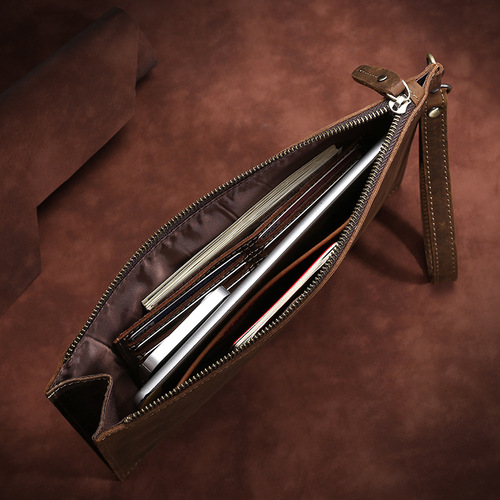 Retro genuine leather men's bag Crazy Horse Leather Street Fashion Clutch Men's Handbag Document Bag Business Handbag Europe and America