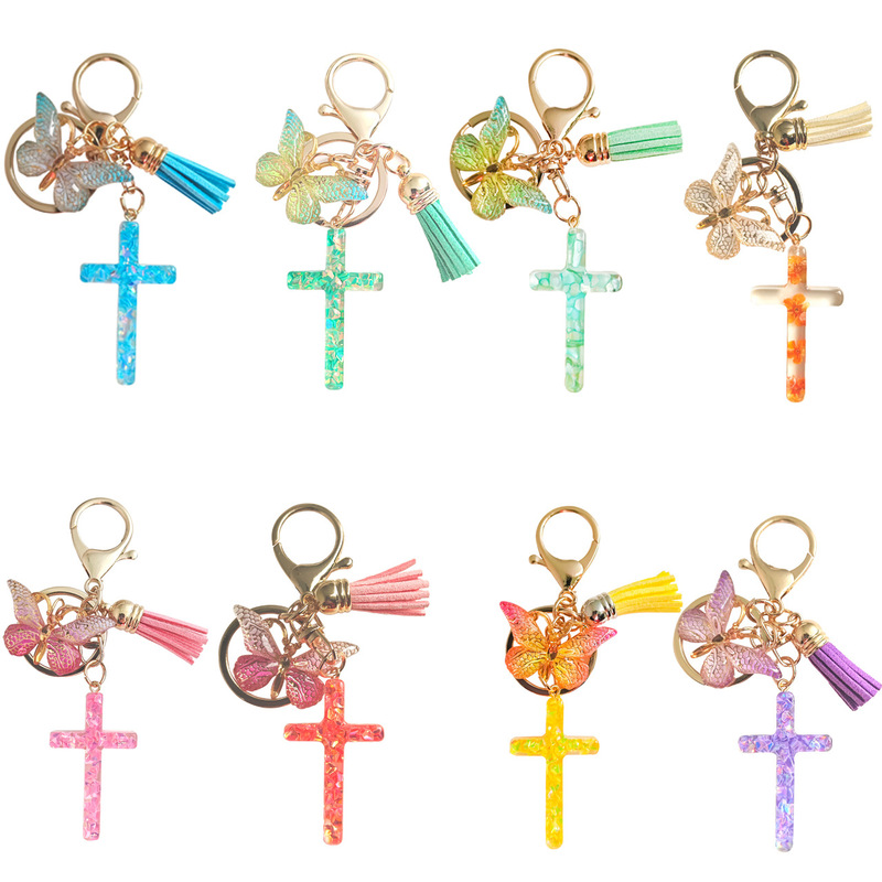 Cross-border Amazon Keychain Cross Sequin Resin Butterfly Tassel Glue Drop Pendant Accessories Women Key Chain