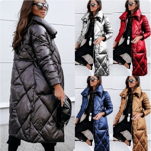 In-Stock Cross-Border Foreign Trade European and American Glossy Stylish Commuter Long Women's Top with a Zipper Long Cotton Coat