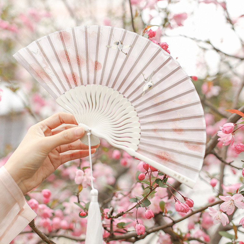 Lao Changmen[Yu Yu Linxia]Retro Fan Folding Fan Chinese Style Hanfu Girl Heart Crane Portable