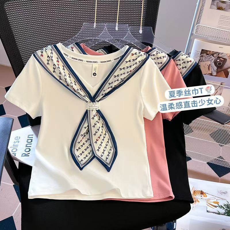夏季韩版丝巾T恤设计高级感T恤2025新款小众洋气显瘦时髦百搭上衣|undefined