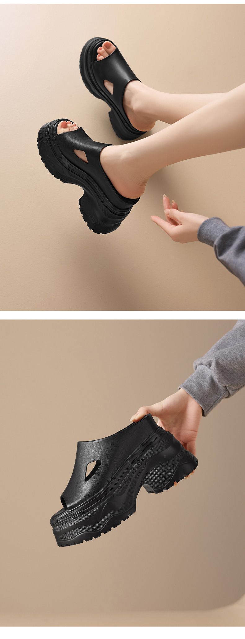Sandal cao gót nữ hở mũi đế dày 12 cm, phong cách đường phố — màu đen, Trắng kem- chi tiết 10
