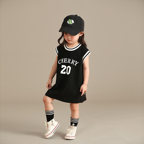 Girls' Dress Children's Tankini Dress Summer 2024 New Korean Style Baby Sports Casual Dress Sleeveless Basketball Dress