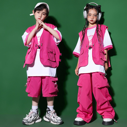 Girls hiphop Dance Costume pink jazz cargo pants Street Dance Performance outfits for girls boys  gogo dancers dance wear Children's Hiphop model Show Stage clothes