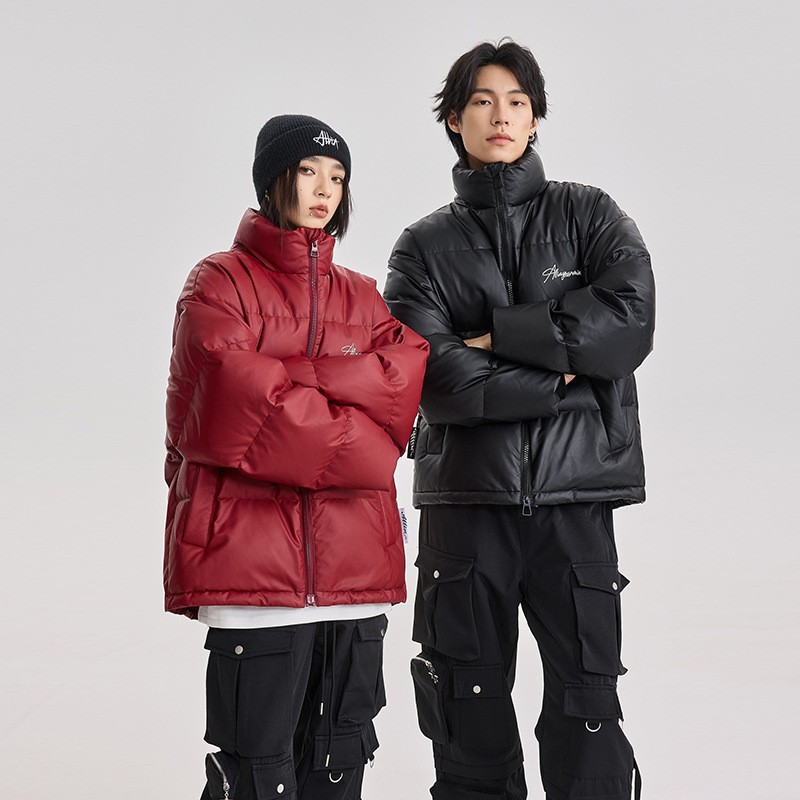 Down Jacket for Men and Women, Winter Thickened Warm Pu Leather Puffer Jacket with Letter Print, Stand Collar Short Coat for Men
