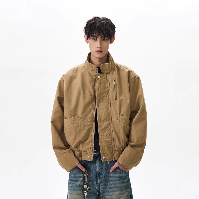 American Style Retro Vertical Collar Bomber Jacket Men's 2025 Spring and Autumn Fashion Brand Short Zipper Cardigan Crock Jacket