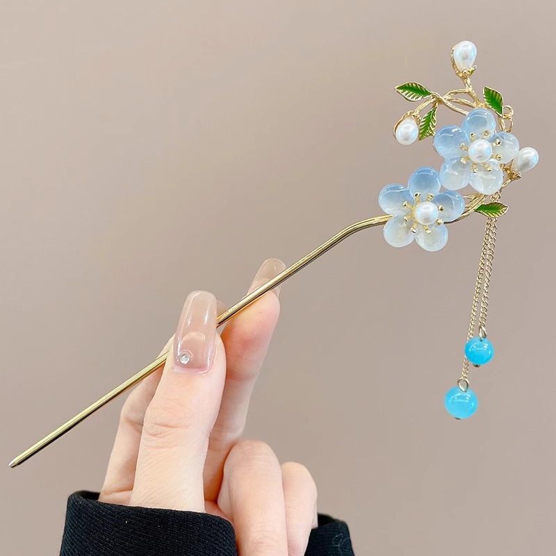 Horquilla de flores con flecos de estilo antiguo, temperamento femenino de alto nivel, escalón, horquilla de Hanfu, horquilla de cabello en la parte posterior de la cabeza, tocado de horquilla