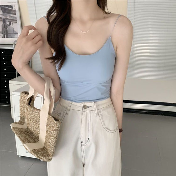 Ice Silk No-mark Beautiful Back Underwear Women's One-piece Summer Thin Solid Color All-match Short Small Camisole with Chest Pad