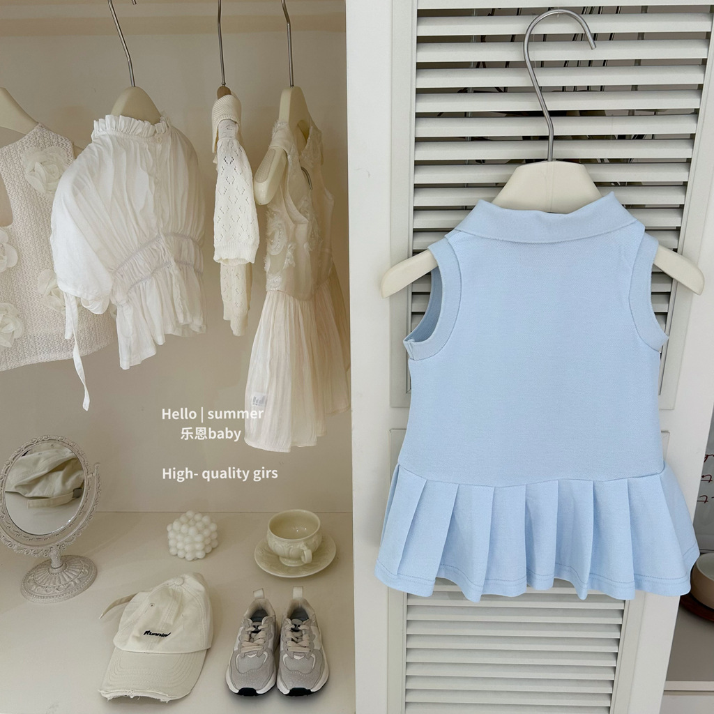 [Le En abby] Vestido con cuello POLO de estilo universitario para niñas Vestido de princesa deportiva plisado con chaleco sin mangas de verano