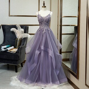 High-end Banquet Evening Dress Women's Purple Sling High-end Vocal Art Kaosen Style Color Yarn Fairy Gauze Dress for Host