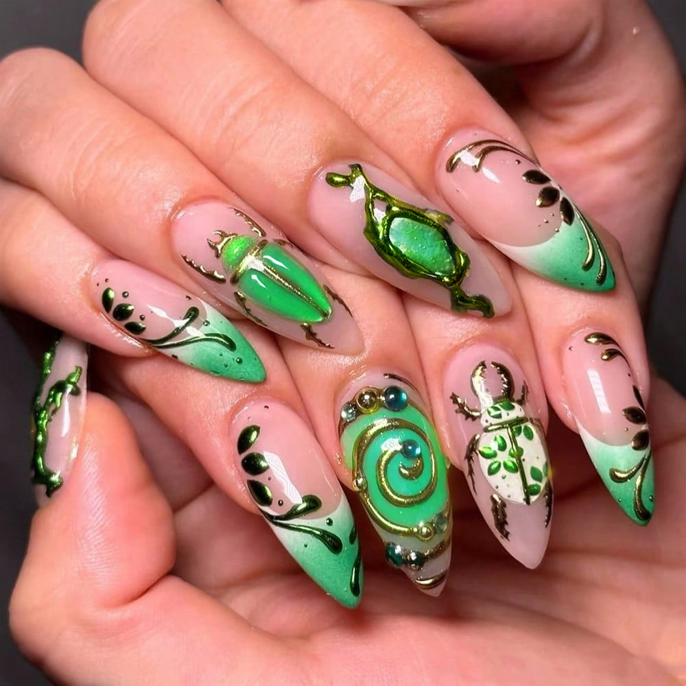 Transfronterizo rosa verde dorado tortuga taladro de uñas estereoscópicas luces de oro fantasía francesa 24 piezas de parche de uñas