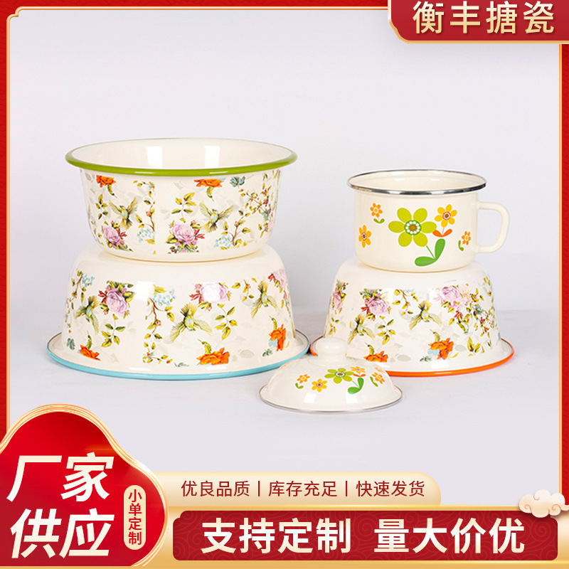 Retro Floral Print Enamel Bowl and Cup Set, Vintage Enamel Bowl and Plate Set with Lid, Festive Gift