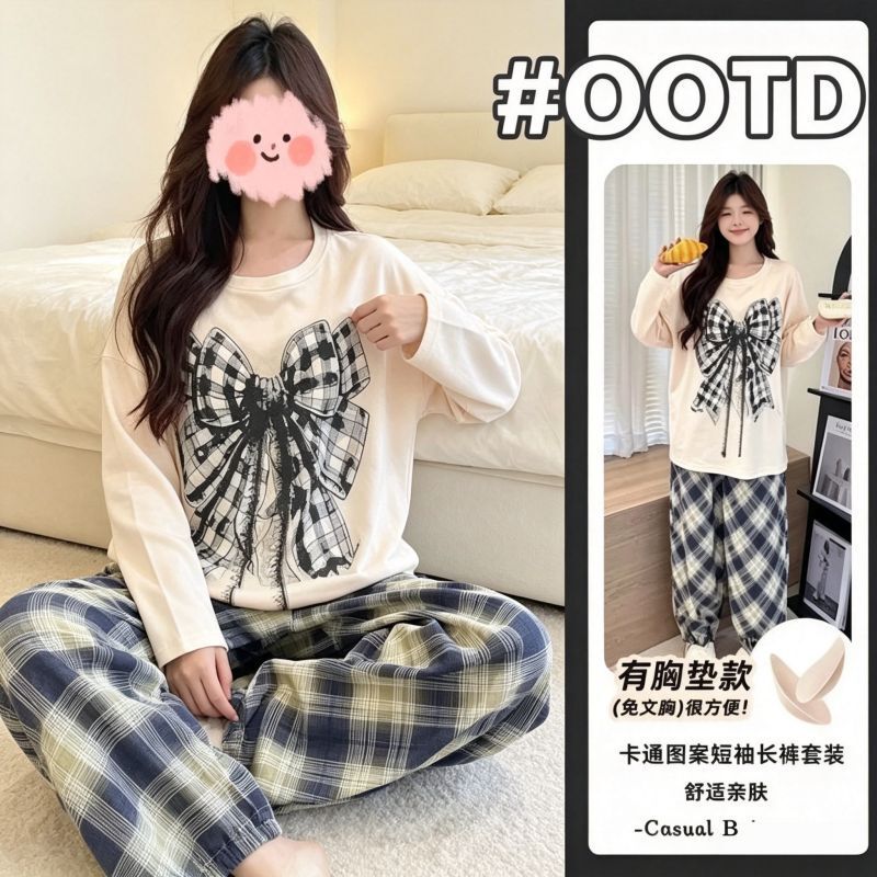 【Best Seller】New product with built-in traffic: Cartoon pajamas for women, spring and autumn, with chest pads, long pants, long sleeves, available for wholesale 【Best Seller】New product with built-in traffic: Cartoon pajamas for women, spring and autumn, with chest pads, long pants, long sleeves, available for wholesale