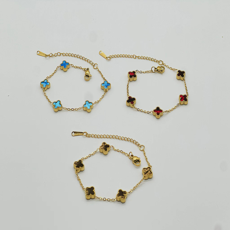 Cross-Border Popular 9mm Four-Leaf Clover Bracelet, Double-Sided Mother-Of-Pearl Lucky Five-Color Titanium Steel Bracelet, Furnace-Treated 18K Gold That Does Not Fade