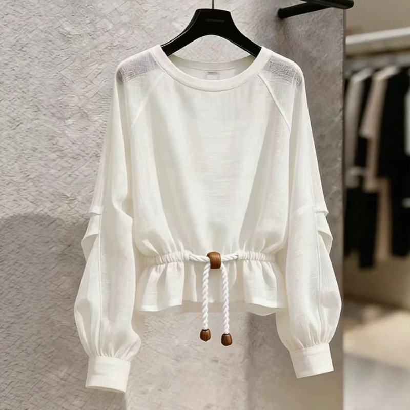 【Dropshipping】2026 Spring/Summer Pullover Round Neck Gentle Style Waist-Cinching Tie Slimming Versatile Women's Blouse 【Dropshipping】2026 Spring/Summer Pullover Round Neck Gentle Style Waist-Cinching Tie Slimming Versatile Women's Blouse