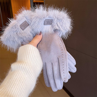 Winter warm gloves for women imitation mink suede touch screen plus velvet thickened cold-proof PU leather gloves cycling gloves
